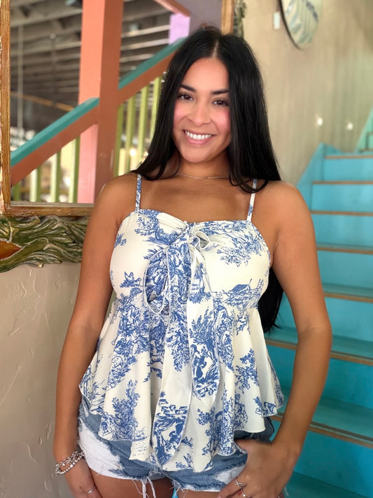 Cami - Blue Toile Print Peplum