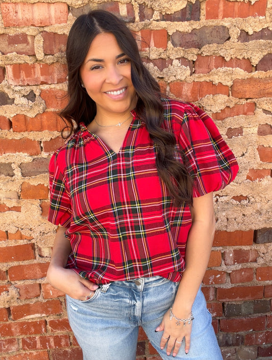 Christmas Plaid Ruffle V-Neck Top