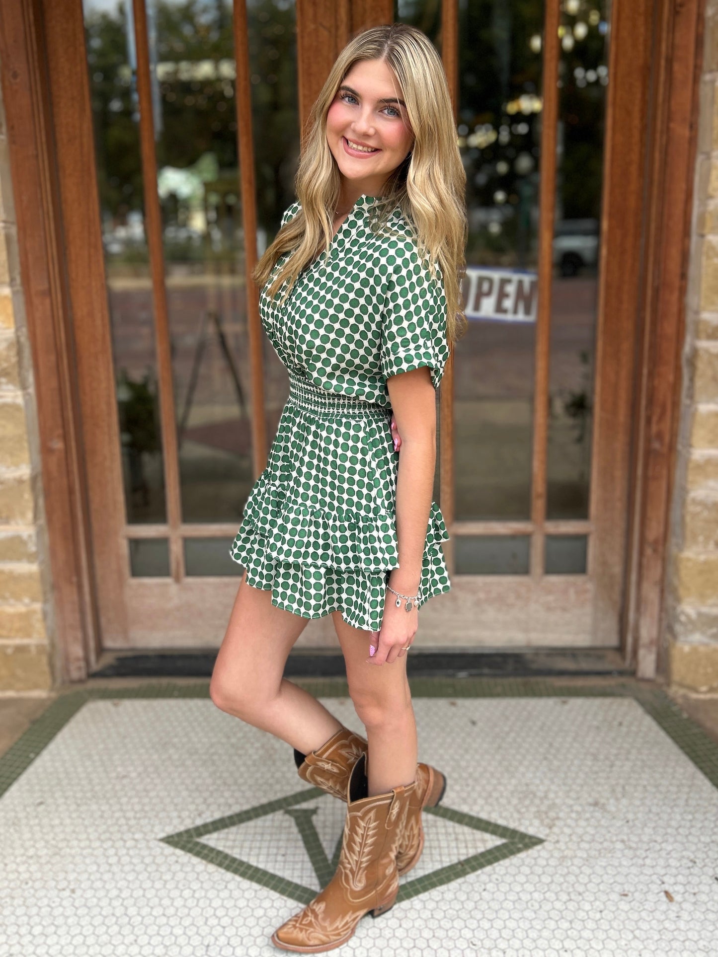 Dress | Green Geometric Dot Print Short Cuffed Sleeves