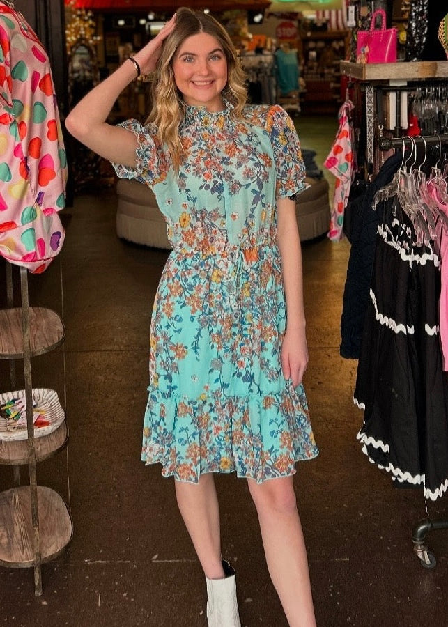 Dress |  Turquoise Oriental Mock Mini Dress with Floral Design