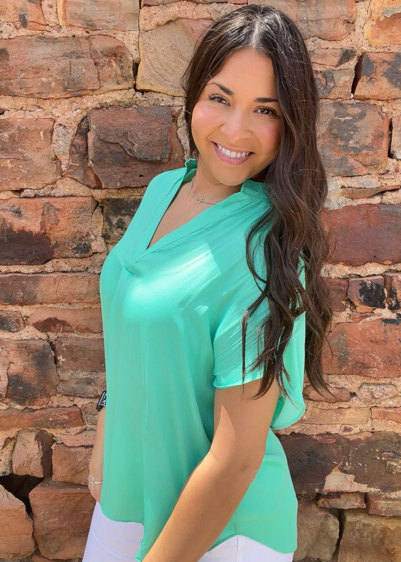 Tops | Blouse Biscay Green Drop Shoulder V-Neck Placket Short Sleeves