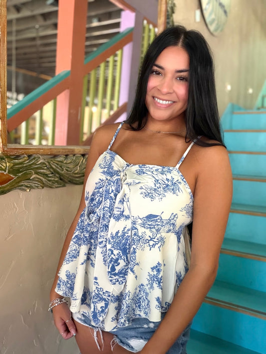 Cami - Blue Toile Print Peplum