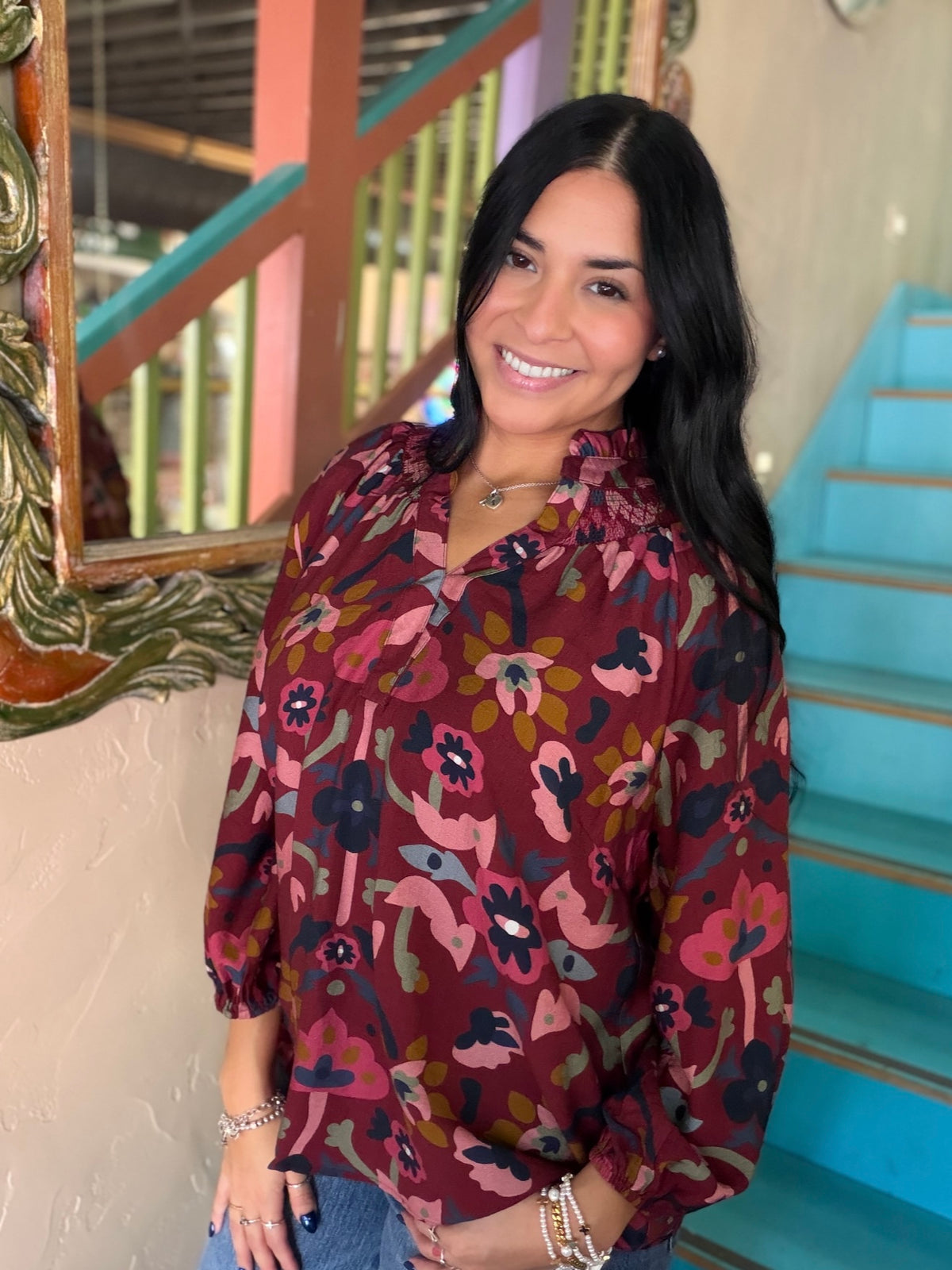 Blouse - Umgee Burgundy Floral Split Neck