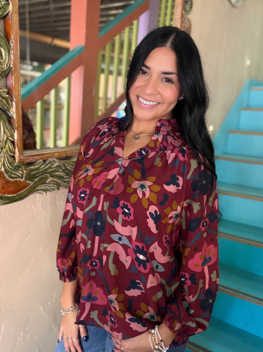 Blouse - Umgee Burgundy Floral Split Neck