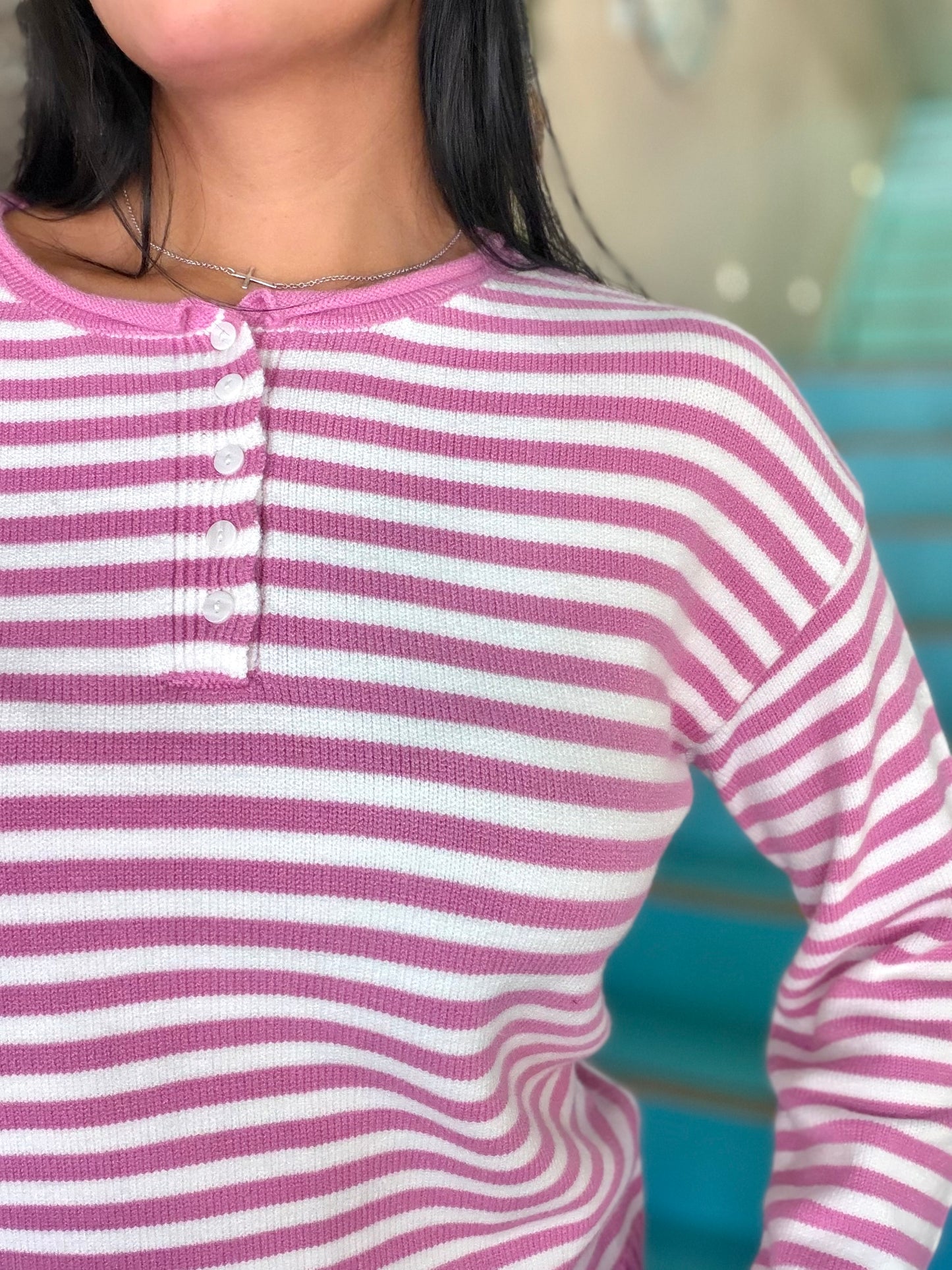 Sweater - Pink Henley Striped