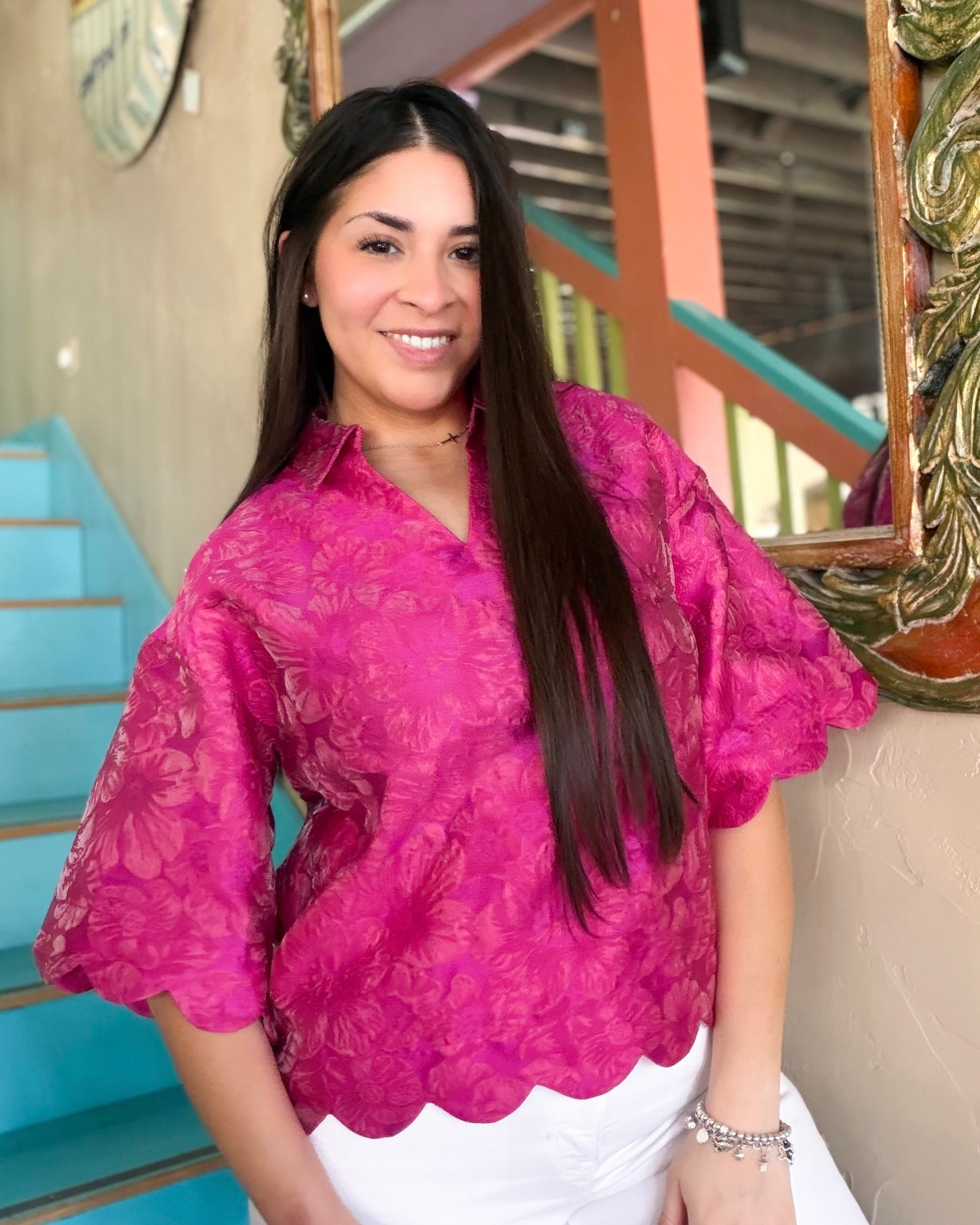 Fuchsia Floral Scallop Blouse