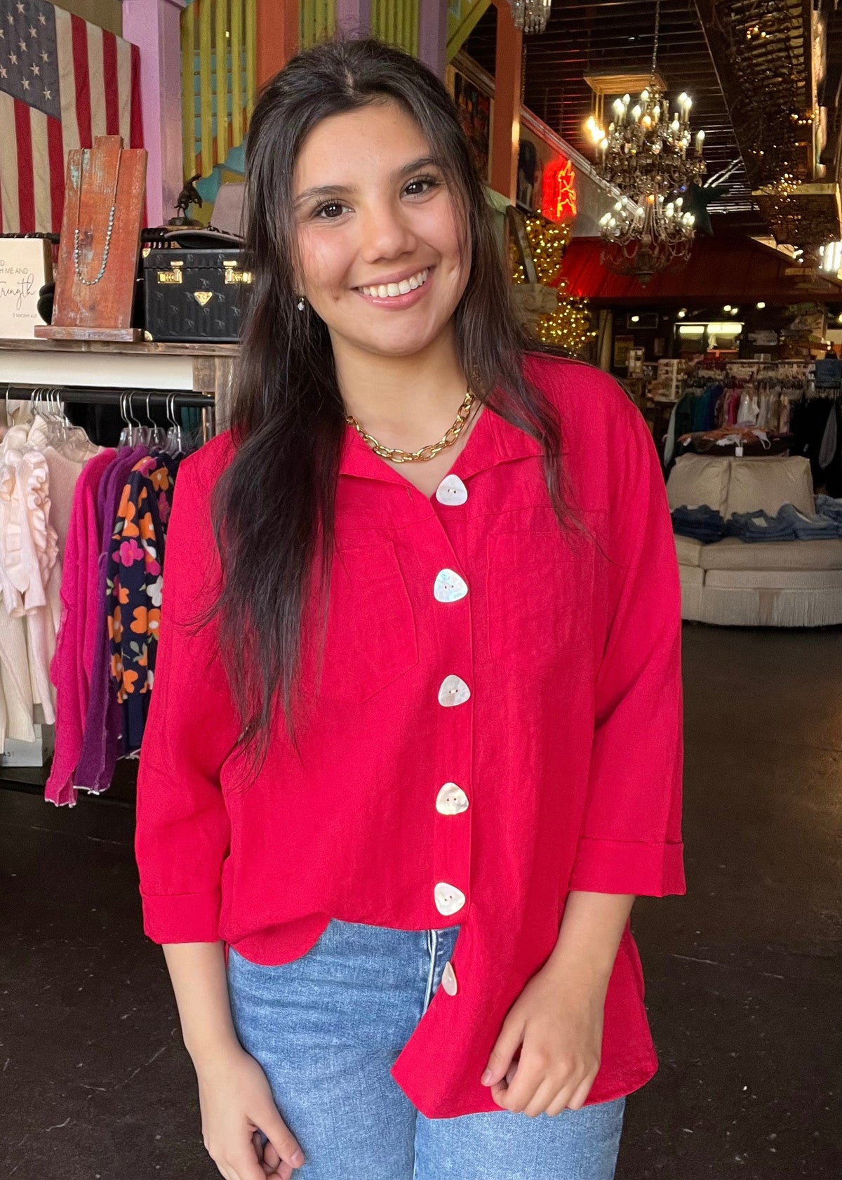 Top | John Mark Button Up Red Camp Shirt With Wire Collar