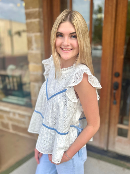 Tops | Blouse Off White Eyelet Blue Contrast Trim Short Ruffled Sleeve