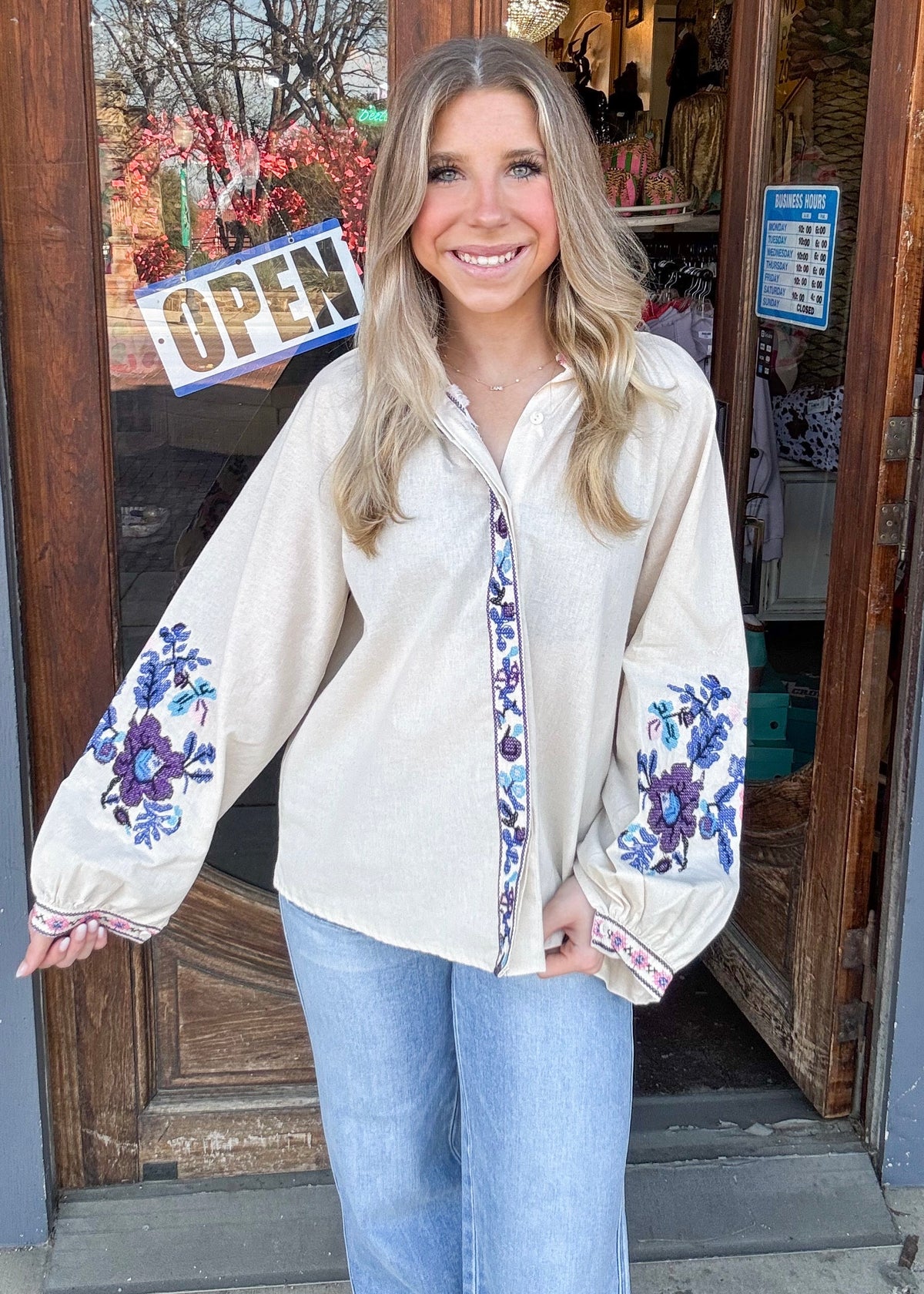 Top | Blue Floral Embroidered Blouse