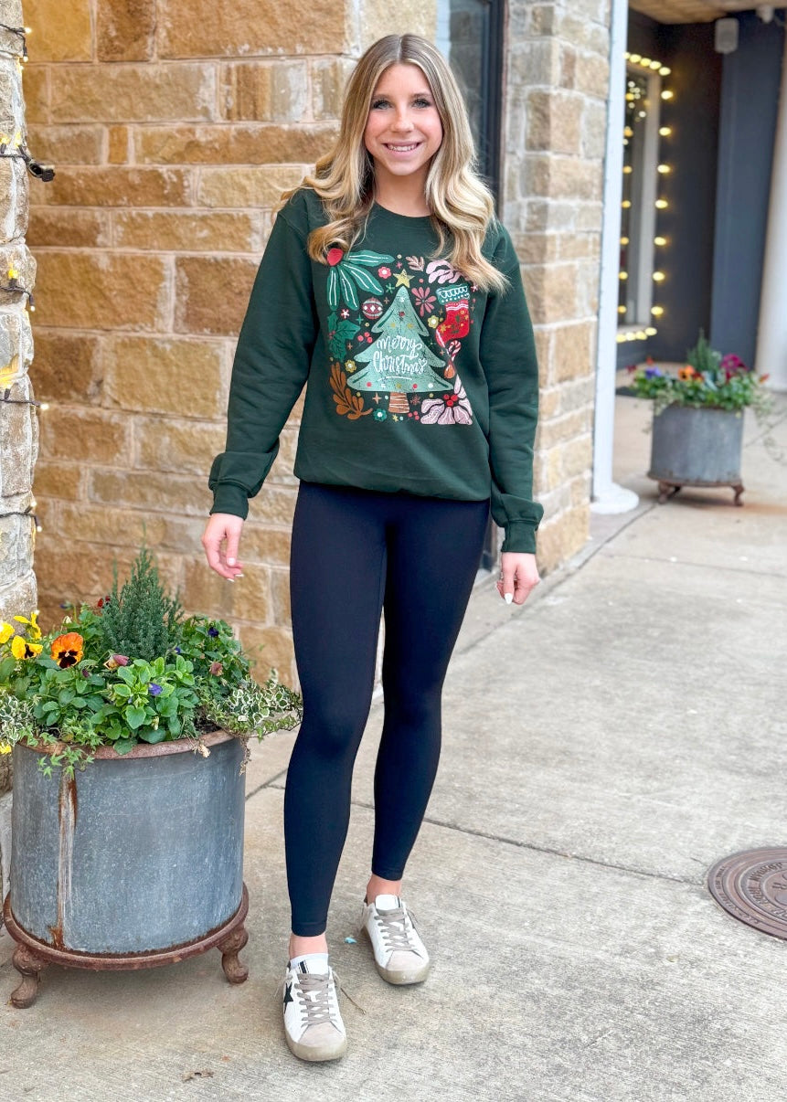 Top | Merry Christmas Green Floral Forest Green Xmas Sweatshirt