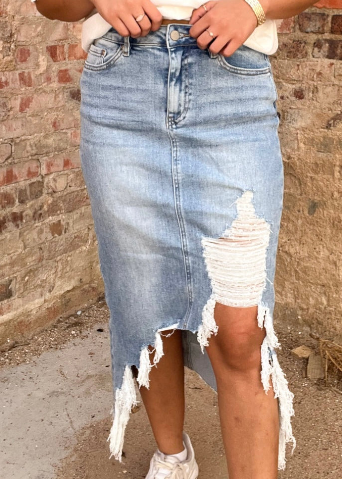 Bottoms | Mica Denim Wild Blue High Waisted Midi Skirt Distressed