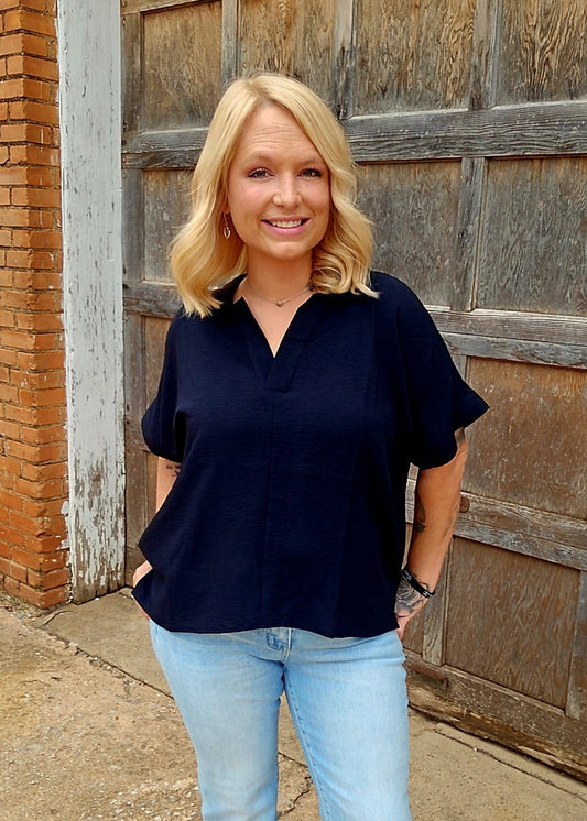 Tops | Blouse Black Collared V Neck Loose Fit