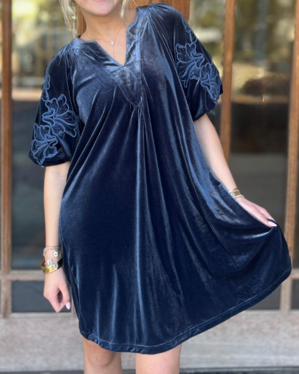 Dress | Mini Slate Blue Velvet Floral Puff Sleeve
