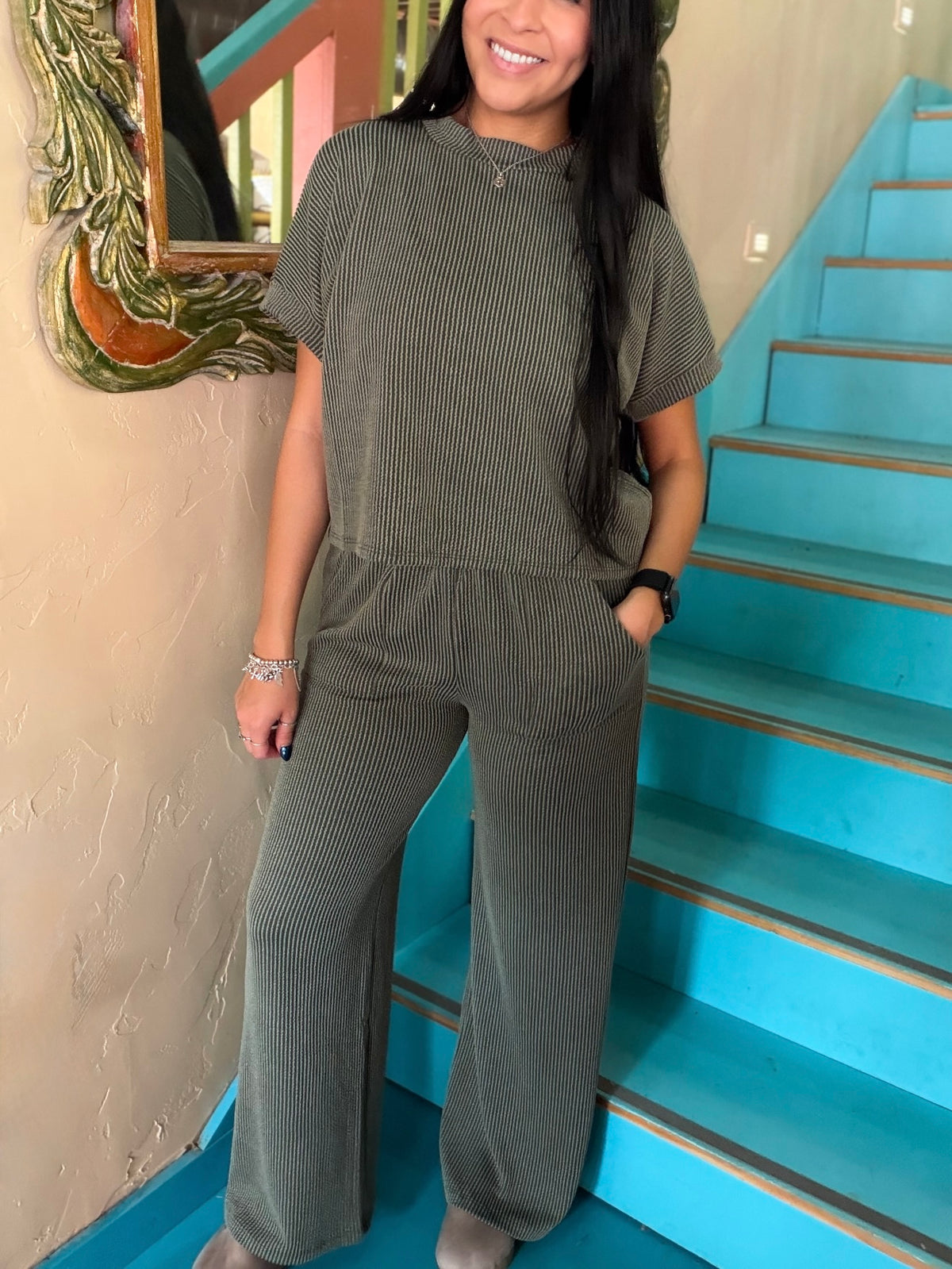 Set - Olive Ribbed Short Sleeve & Pants