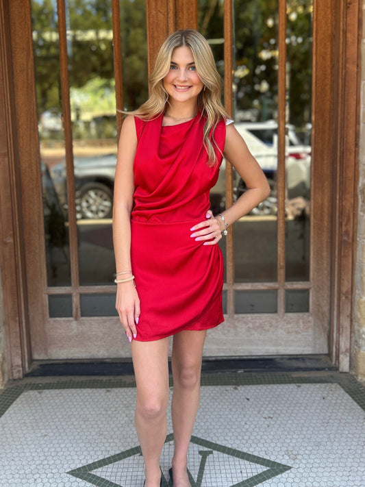 Dress | Draped Neckline Sleeveless Satin Crimson