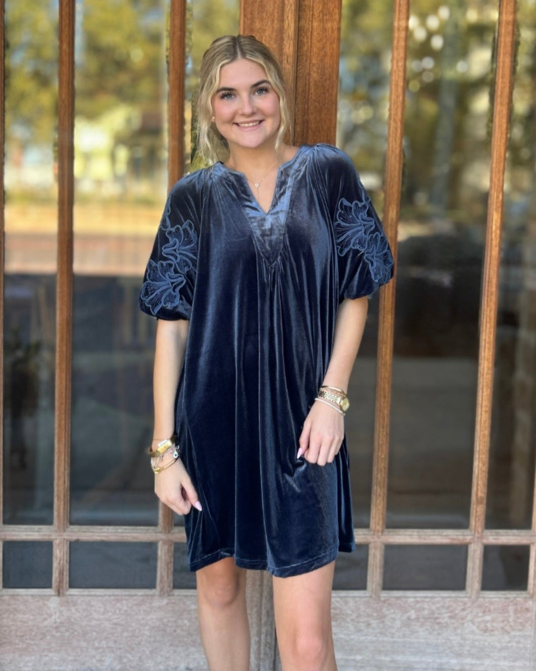 Dress | Mini Slate Blue Velvet Floral Puff Sleeve