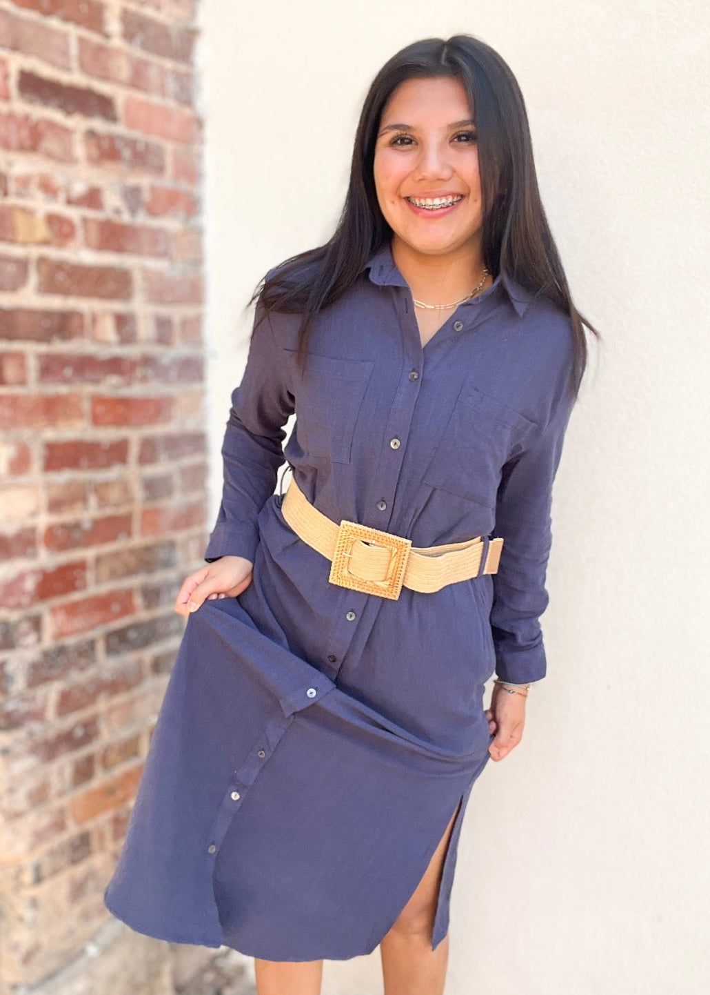 Dress | Navy Midi Length Long Sleeve Button Down With Belt