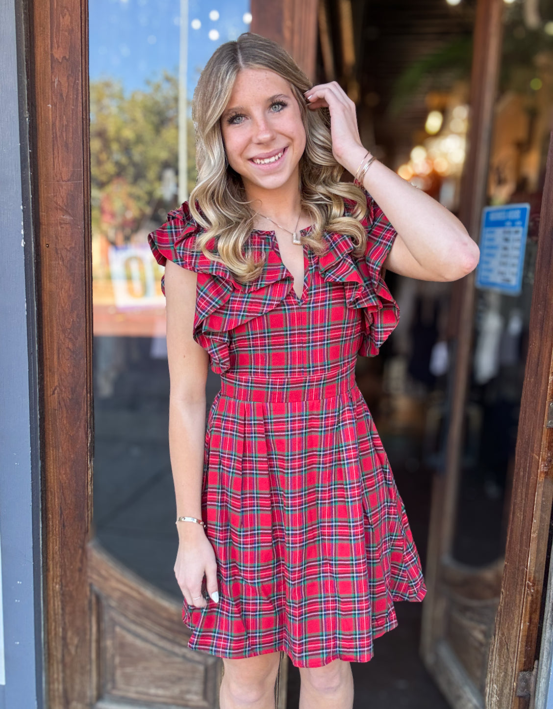 Dress | Red and Green Arvada Plaid Wilma Ruffle Mini Dress