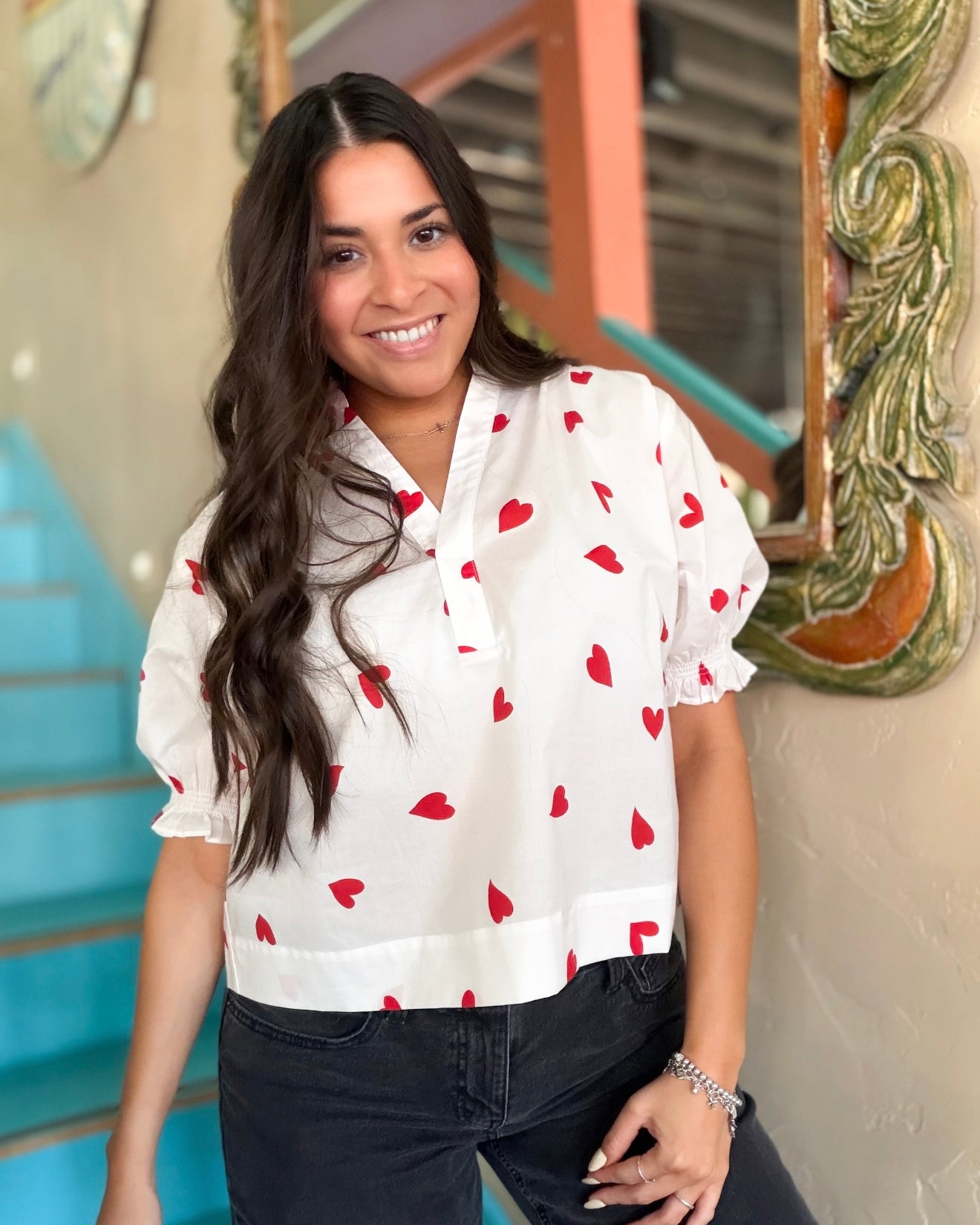 Blouse - Heart Print V-Neck