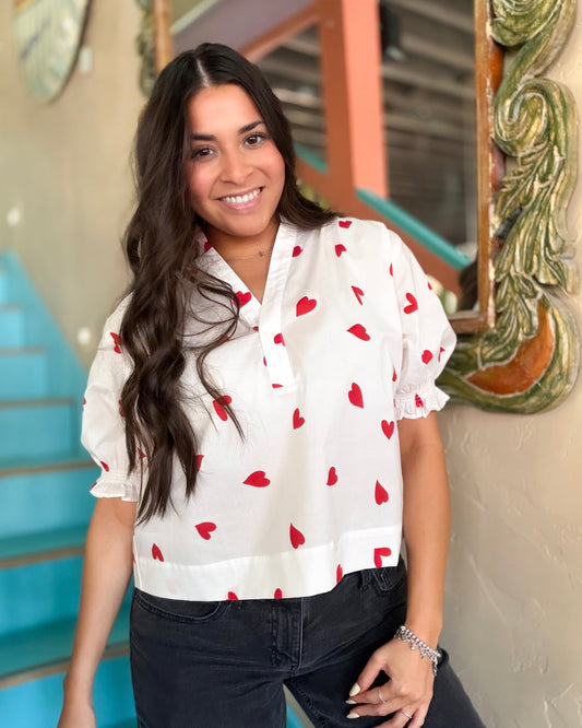 Blouse - Heart Print V-Neck