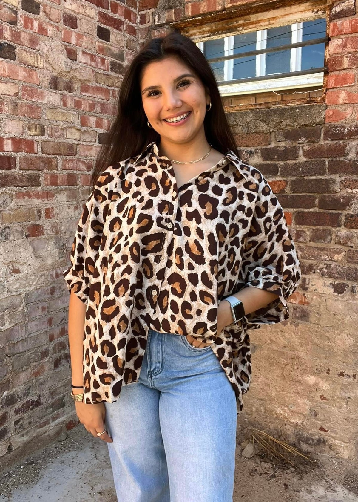 Top | Blouse Leopard Print Oversized Button Down