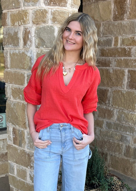 Top | Coral Smocked 3/4 Sleeve Lace Trim Blouse