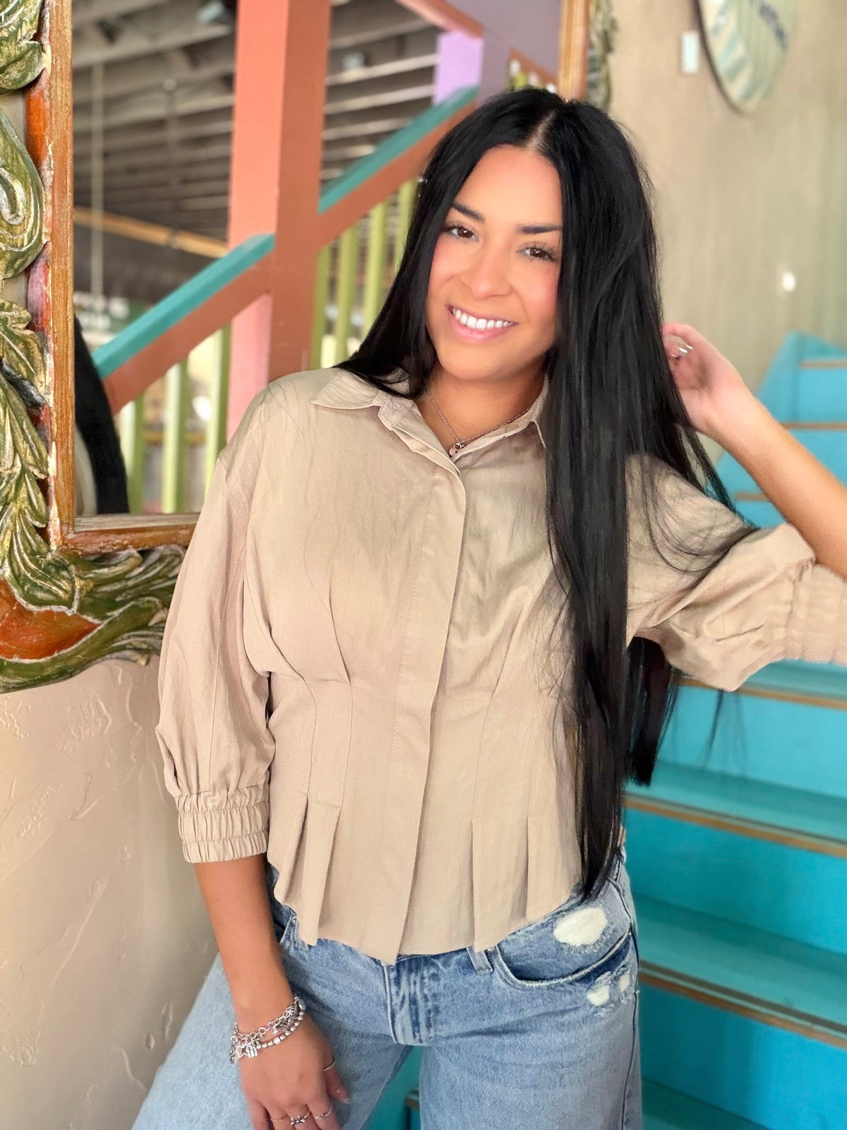 Blouse - Taupe Dart Button Down