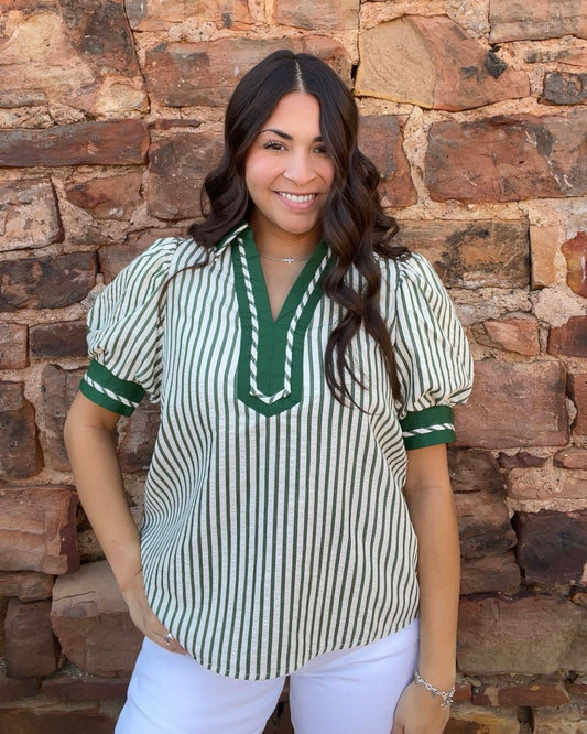 Tops | Blouse Hunter Green Striped V Neck Puff Sleeve