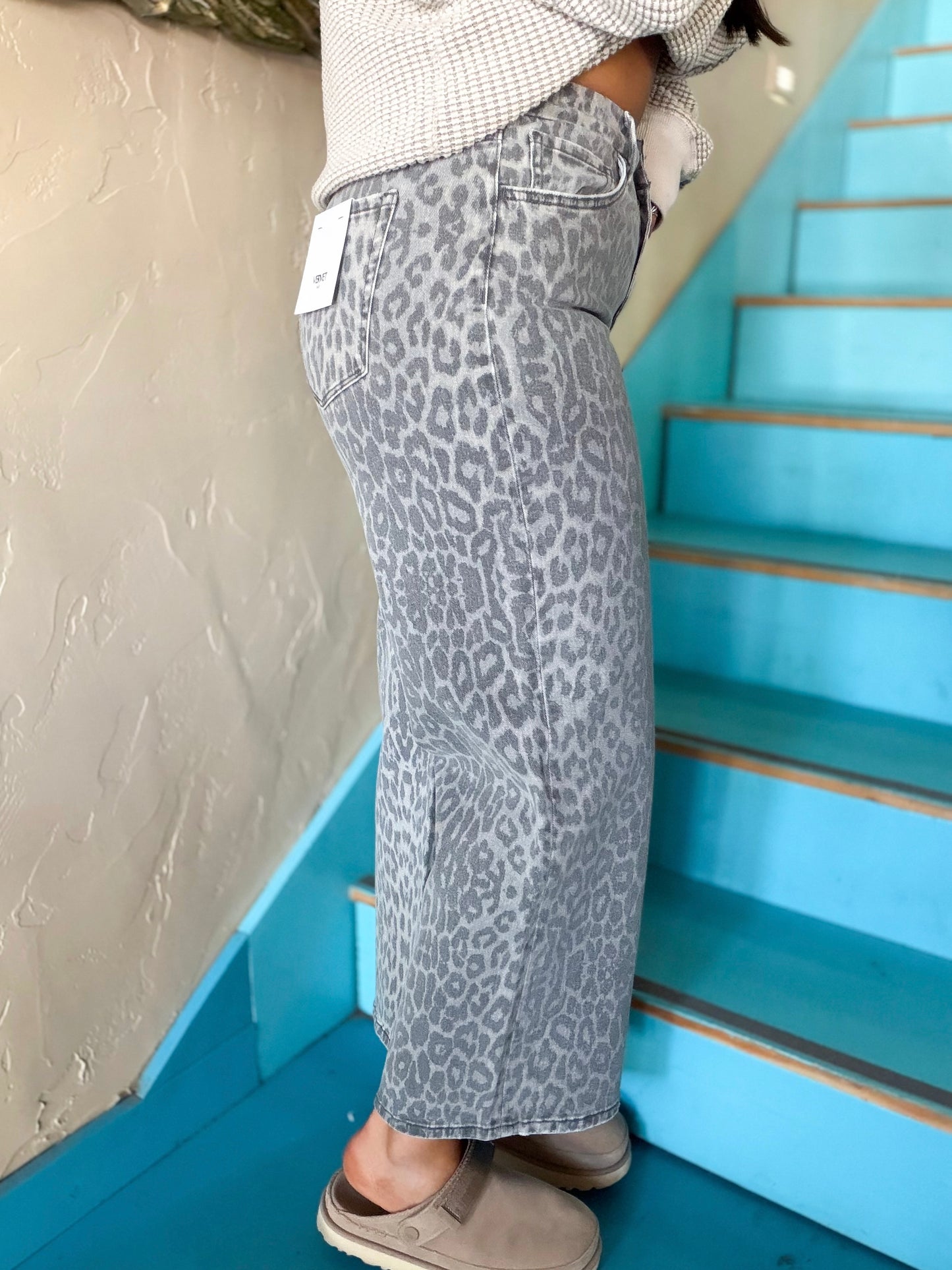 Vervet Grey Leopard Wide Leg Jeans