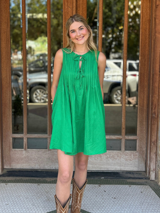 Dress | Mini Pintuck Tie Emerald