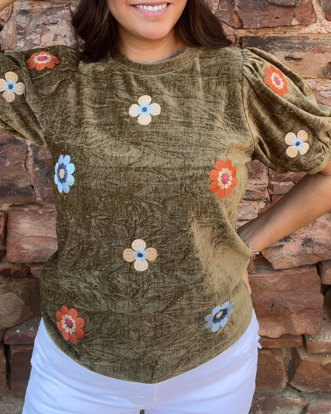 Tops | THML Blouse Olive Short Sleeve Embroidered Detail Suede
