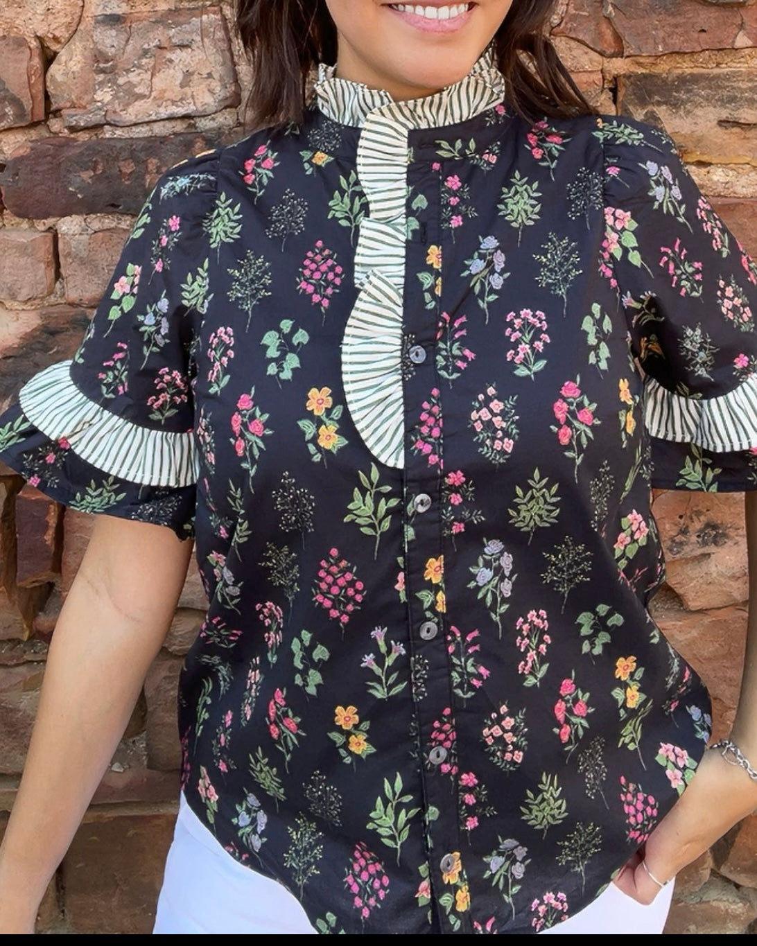 Tops | Blouse Black Multi Floral White/Green Stripe Ruffle Button Up