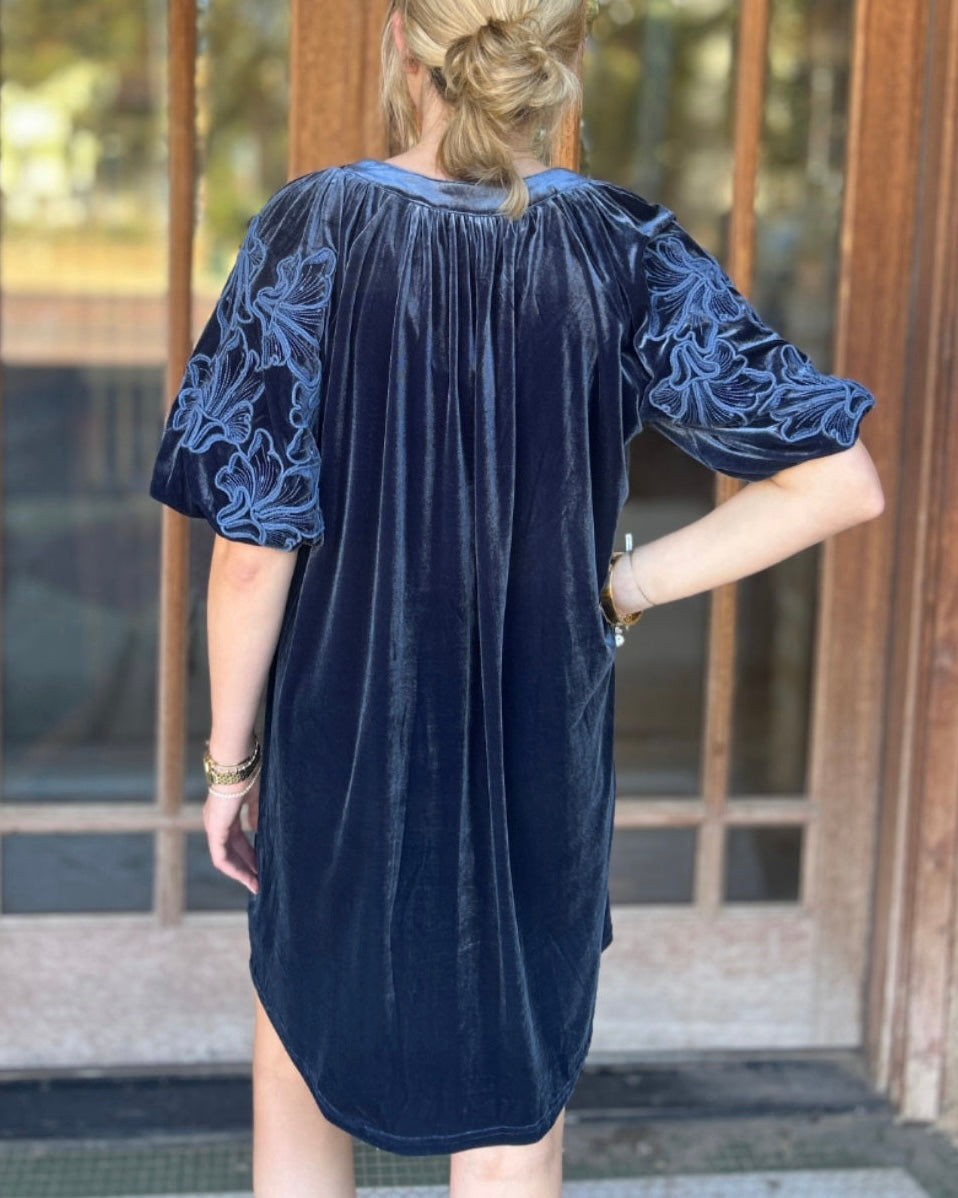 Dress | Mini Slate Blue Velvet Floral Puff Sleeve
