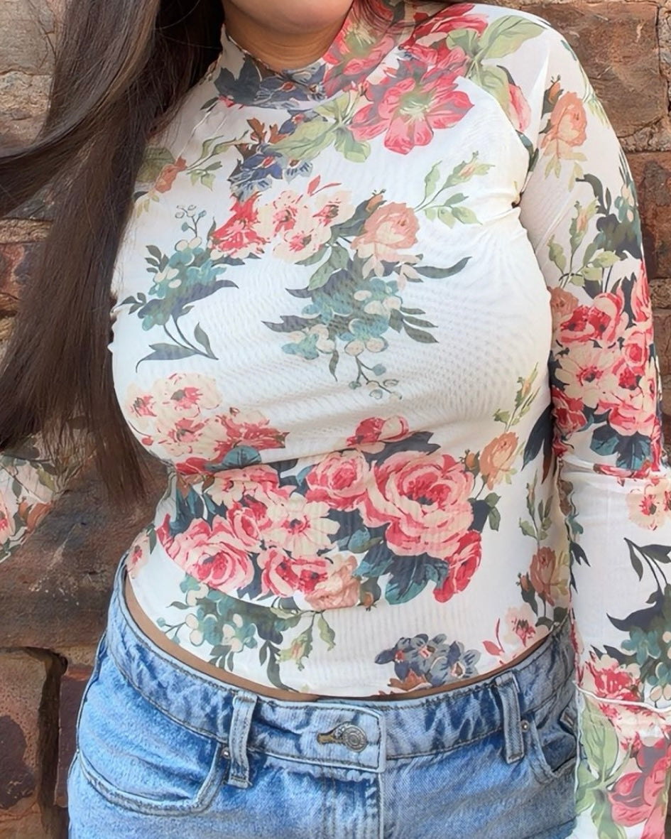 Top - Floral Print Mesh Mock-Neck