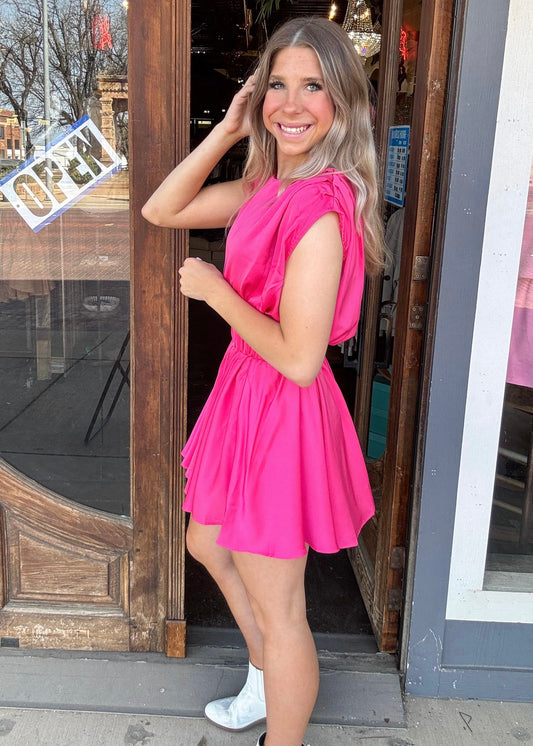 Dress | Hot Pink Solid Satin Sleeveless Mini Dress