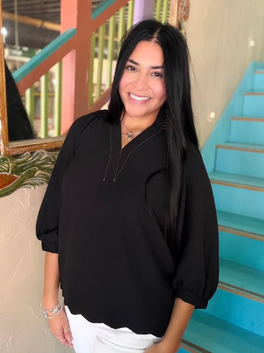 Blouse - Black Scallop Balloon Sleeve