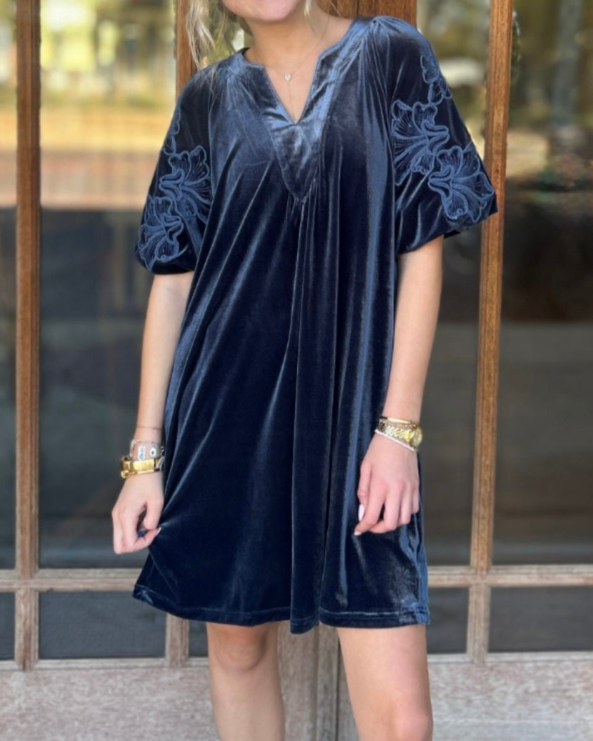 Dress | Mini Slate Blue Velvet Floral Puff Sleeve