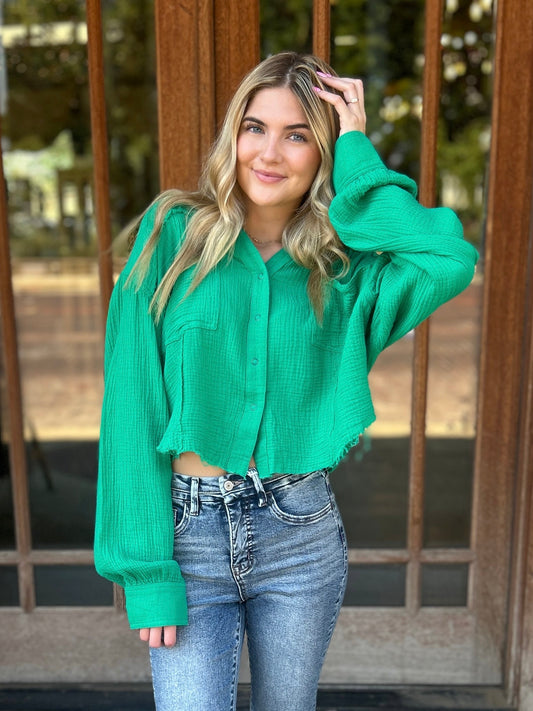 Tops | Blouse Kelly Green Long Sleeve Button Up