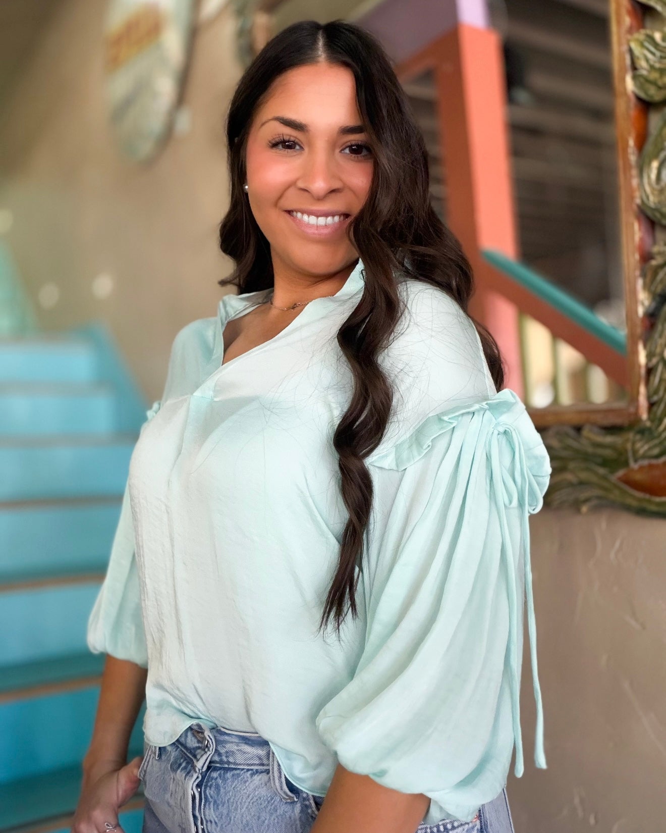 Blouse - Aqua Balloon Sleeve