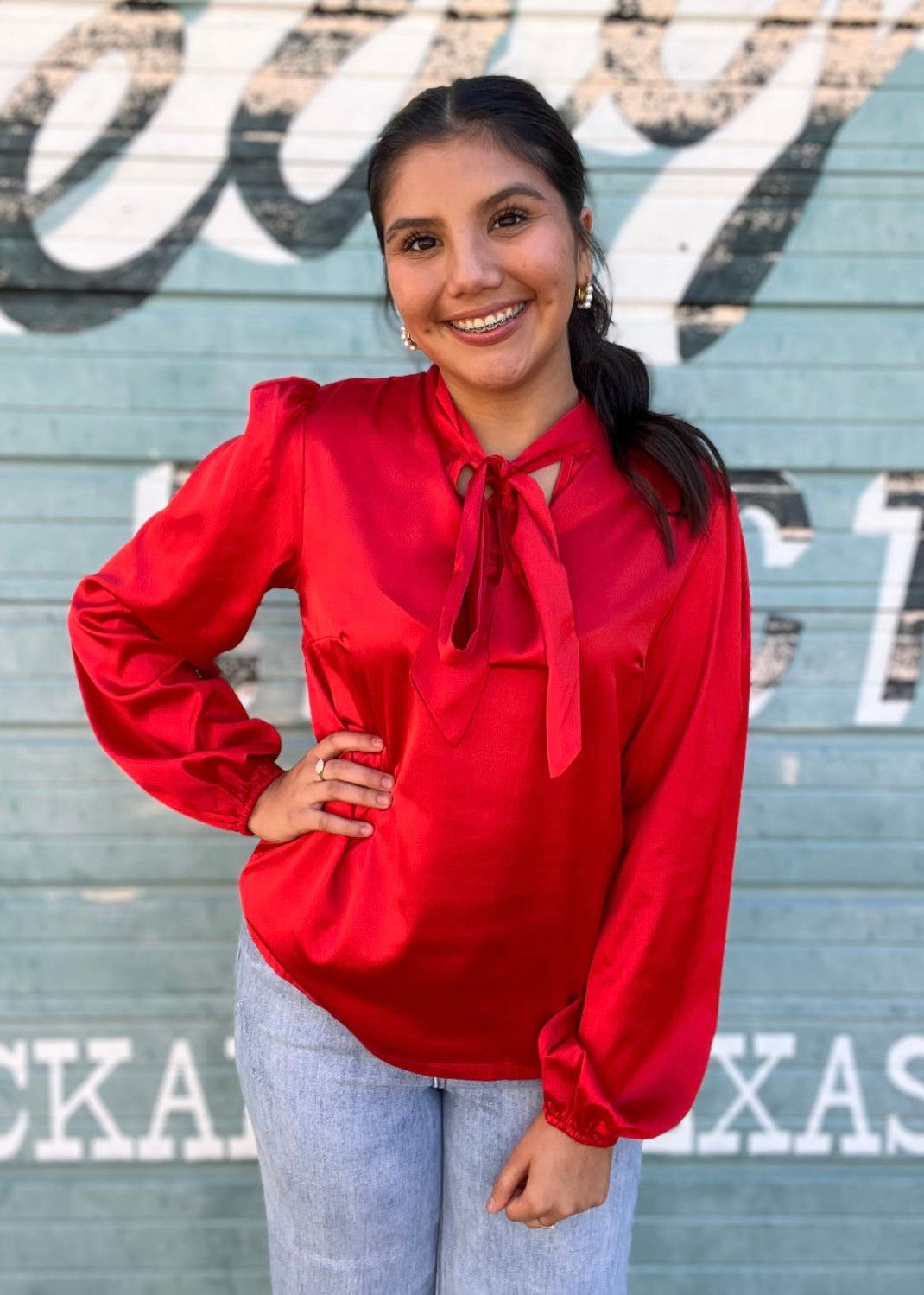 Top | Blouse Red Fresh Lantern Sleeve Bow Tie