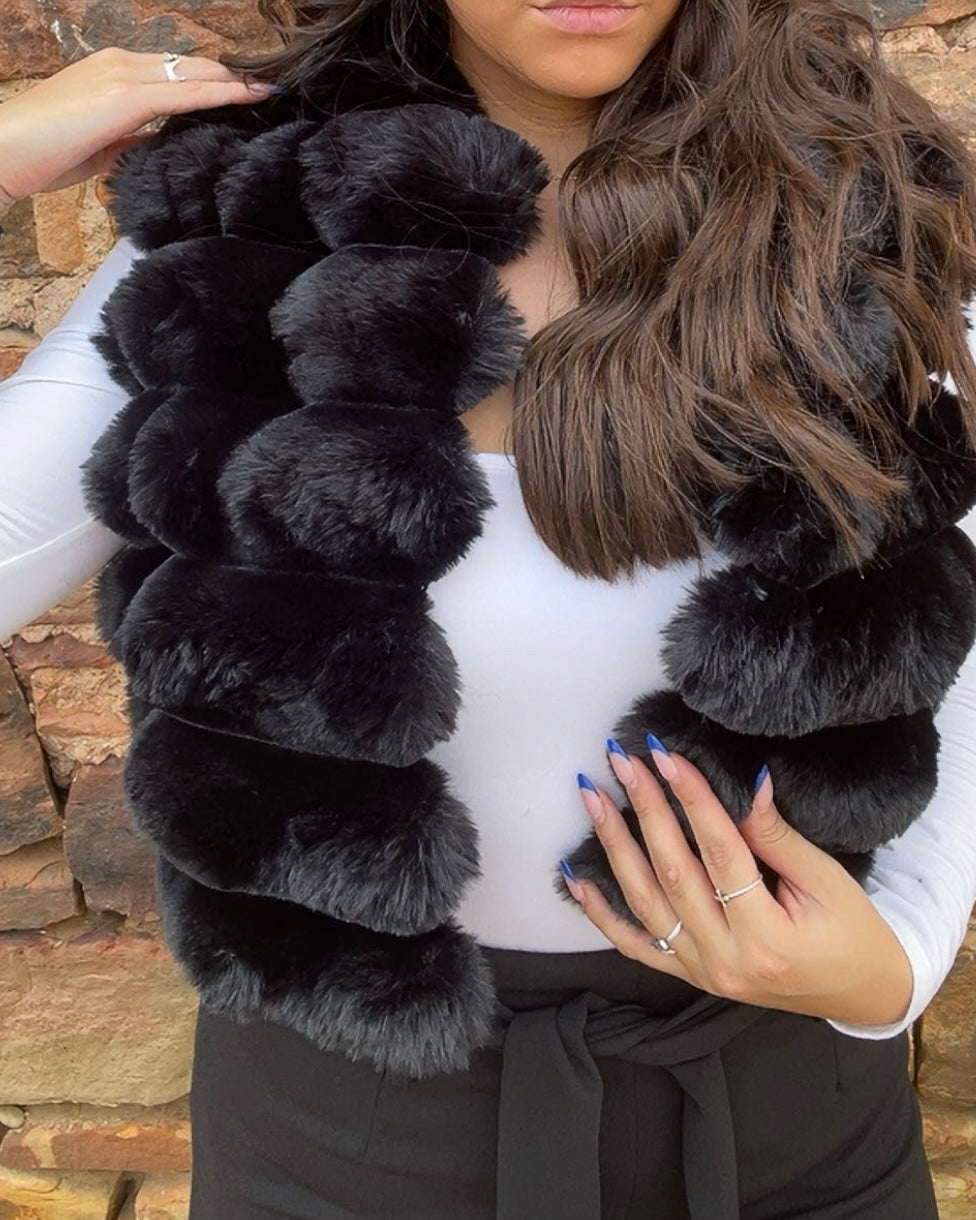 Tops | Vest Puffer Crop Stripe Fur High Neck Open Front