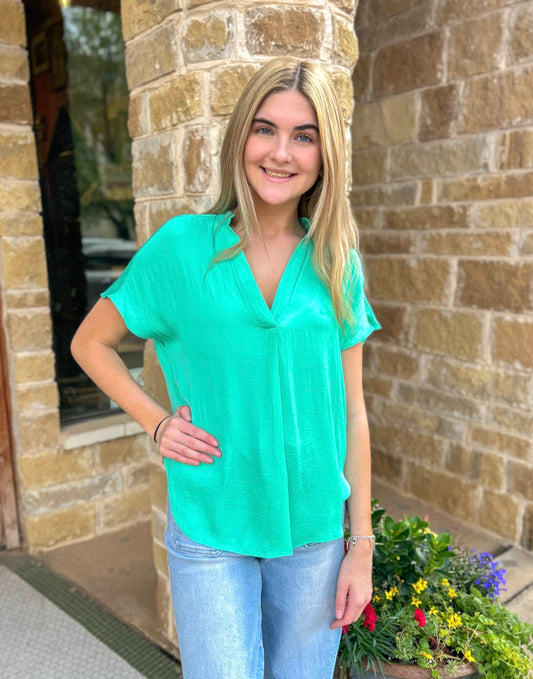 Tops | Blouse Biscay Green Drop Shoulder V-Neck Placket Short Sleeves