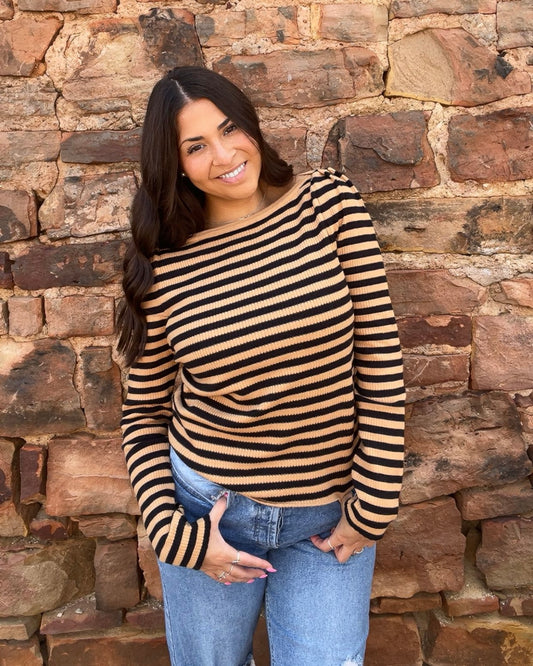 Tops | Sweater Striped Long Sleeved Boat Neck Taupe Black