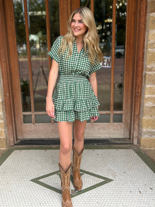 Dress | Green Geometric Dot Print Short Cuffed Sleeves