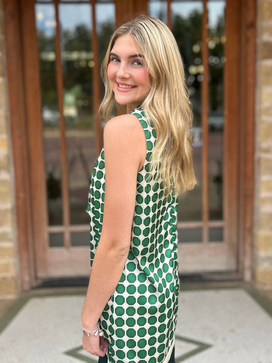 Dress | Mini Green Geometric Print With Solid Contrast Hem Sleeveless