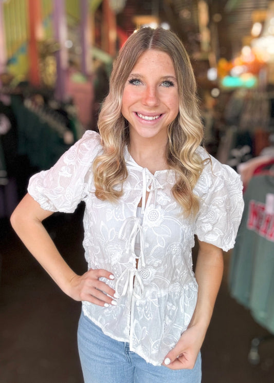 Top | Blouse Bow Tie Front White Embroidered Short Sleeve