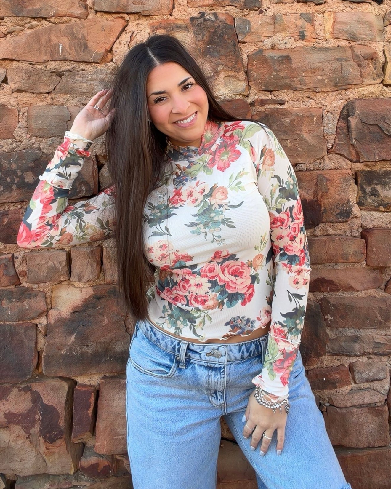 Top - Floral Print Mesh Mock-Neck