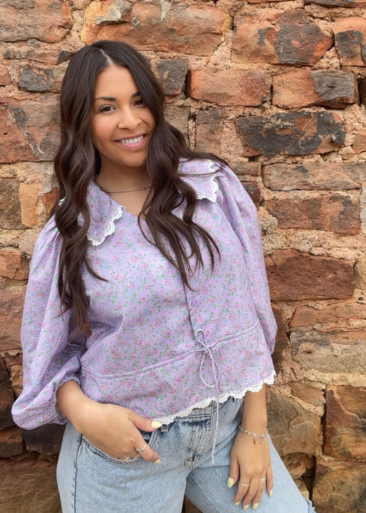 Tops | Blouse Lavender Floral Print Short Puff Sleeve Button Down
