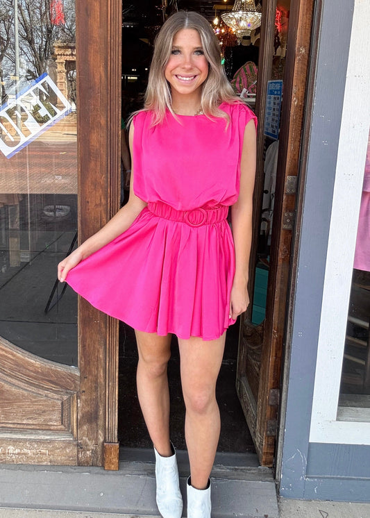 Dress | Hot Pink Solid Satin Sleeveless Mini Dress