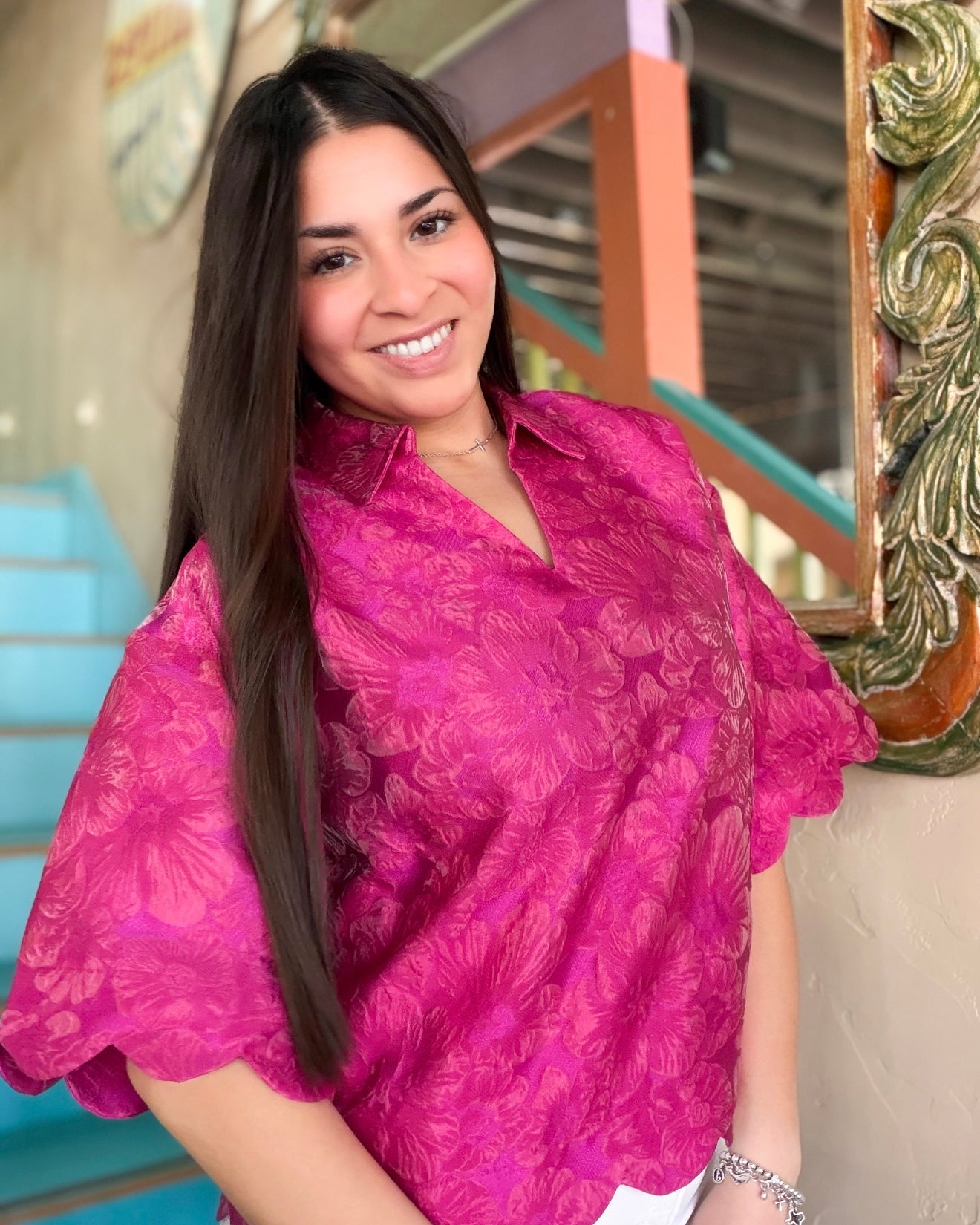 Fuchsia Floral Scallop Blouse